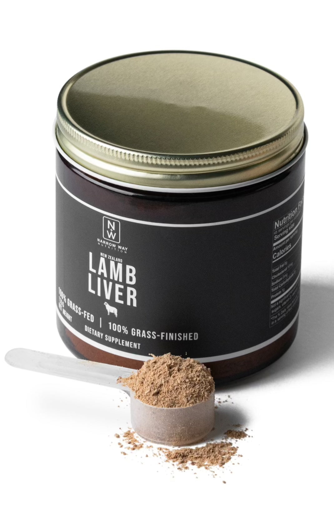 Narrow Way Nutrition® With Glass Bottle Slightly Turned With Spoon Full Of Desiccated Lamb Liver